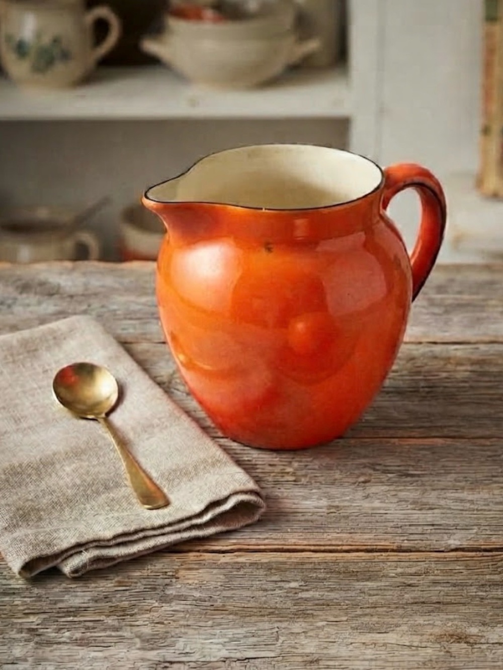 Vintage Art Deco Era Orange Ceramic Pitcher - Czechoslovakia
